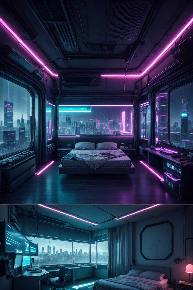 379557-2993395530-a bedroom, neon lights, dim light, futuristic, orange light, cable, electricity, ornate, detail, windows with skyscrapers, scien.png